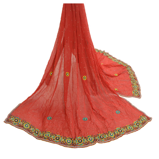 Sanskriti Vintage Dupatta Long Stole Georgette Coral Hand Beaded Wrap Scarves